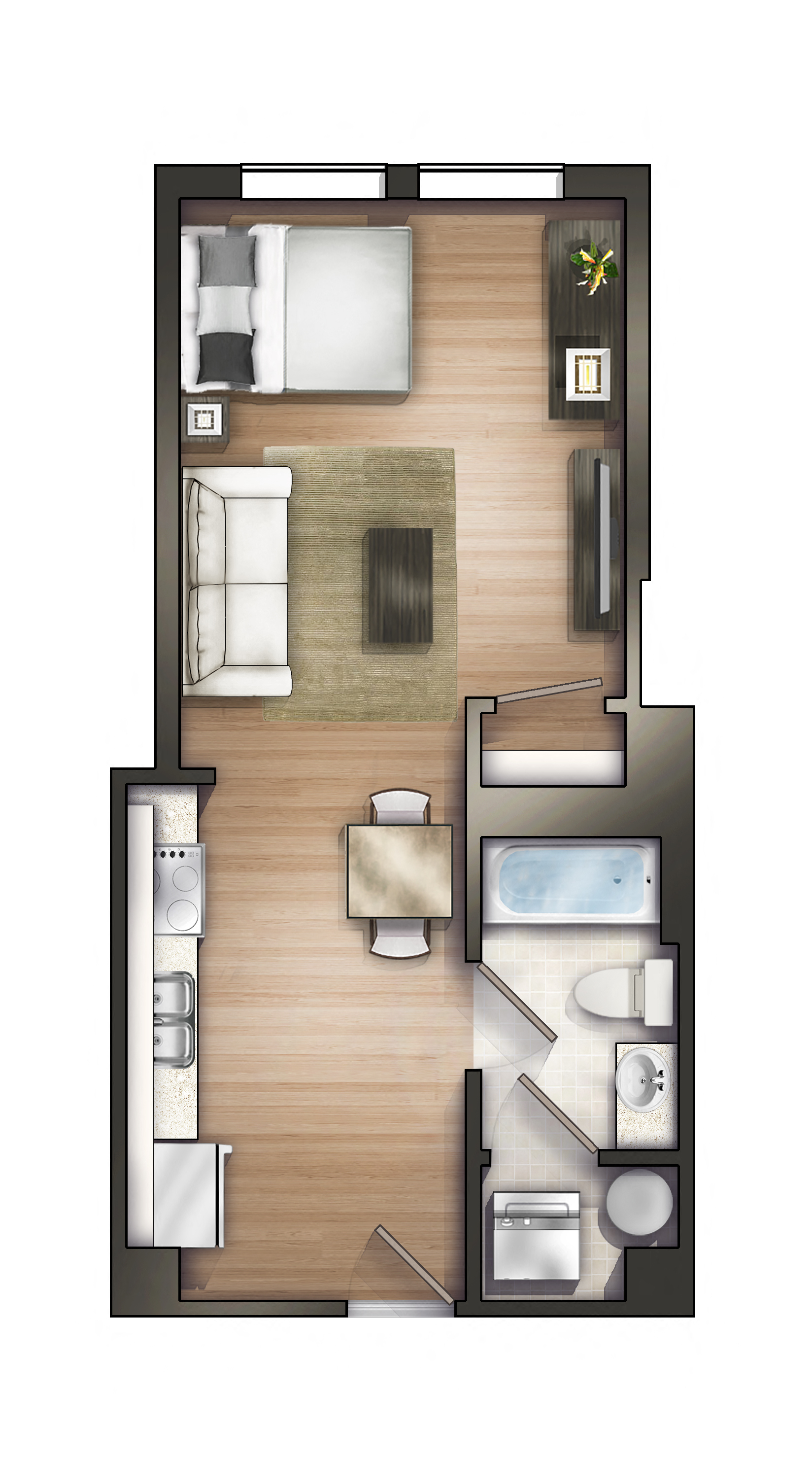 Floor plan for studio, 1 bath, 535 sqft